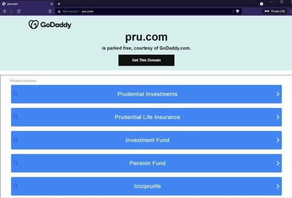 GoDaddy landing page for pru.com with Prudential ads